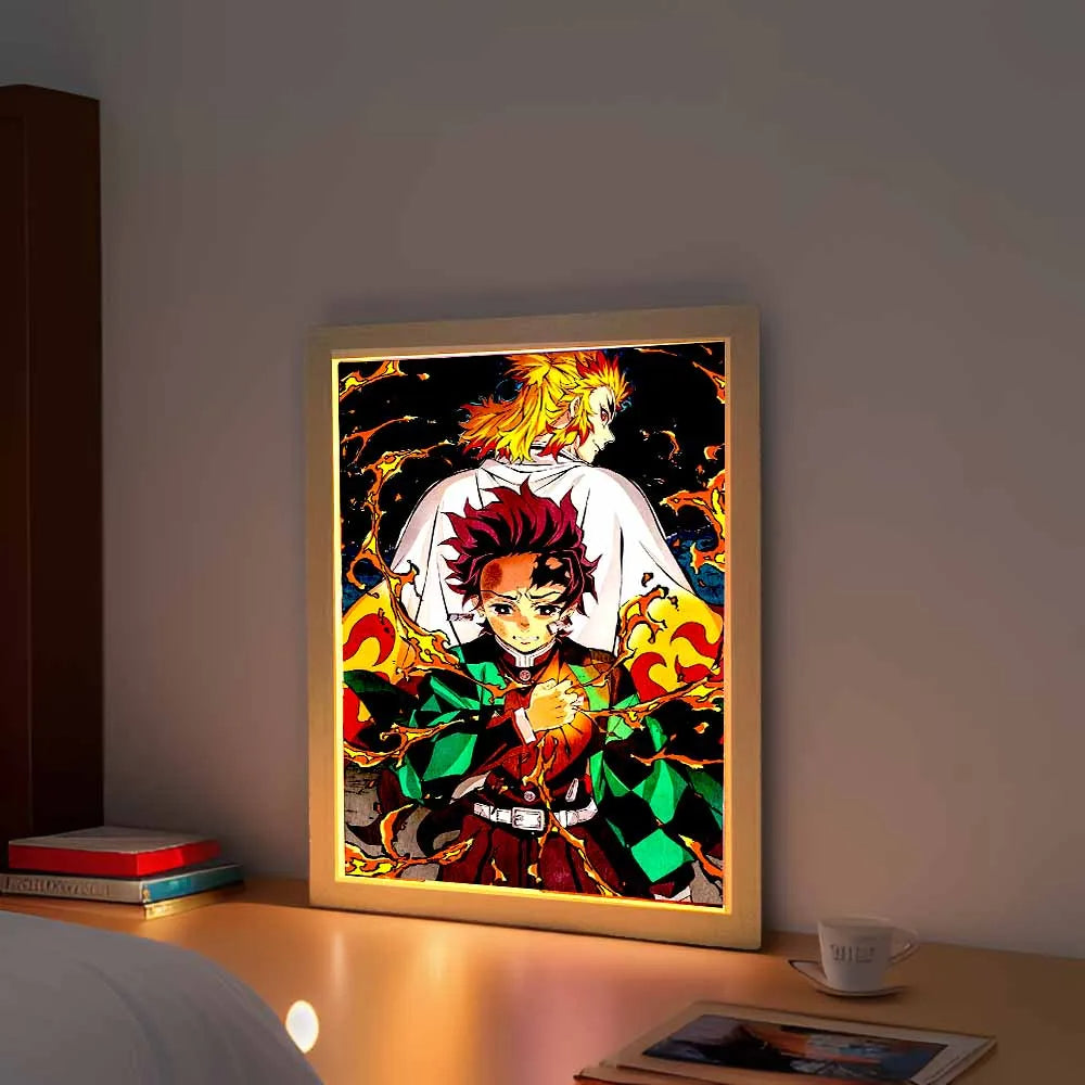 Anime Light Painting Moon Lamp Kyojuro Rengoku Kimetsu Demons Slayer Led Photo Frame for Room Wall Art Hoom Deco No Yaiba Gifts