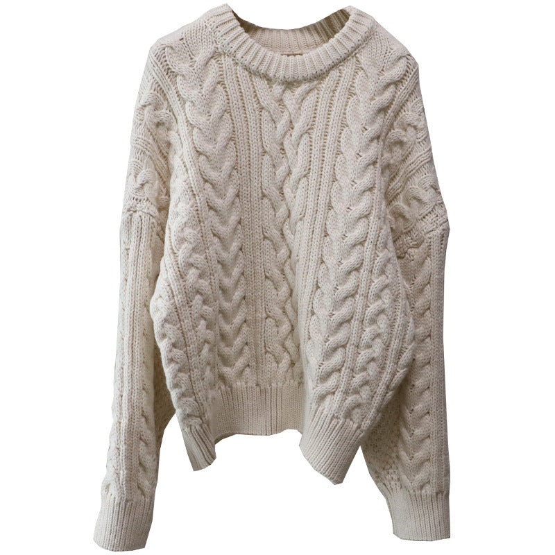 Round Neck Cable Knit Loose Lazy Versatile Thick Knitted Sweater for Women