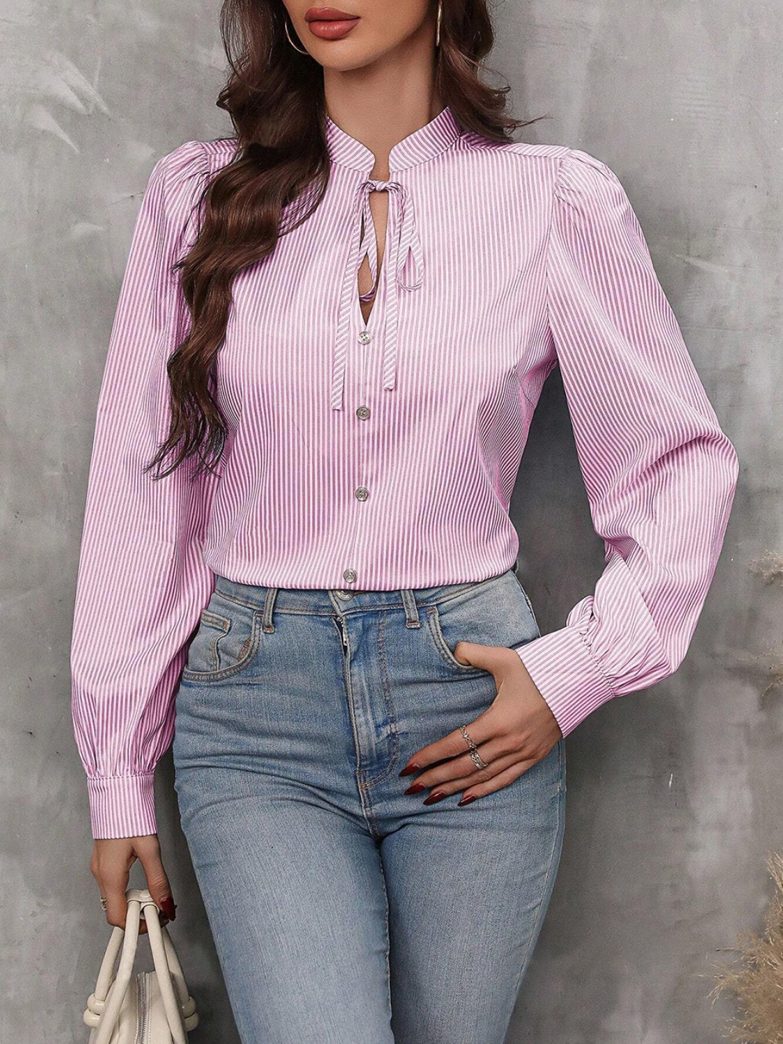 Striped tie neck blouse