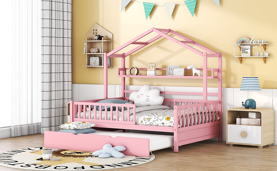 Wooden Full Size House Bed with Twin Size Trundle Kids Bed with Shelf Pink