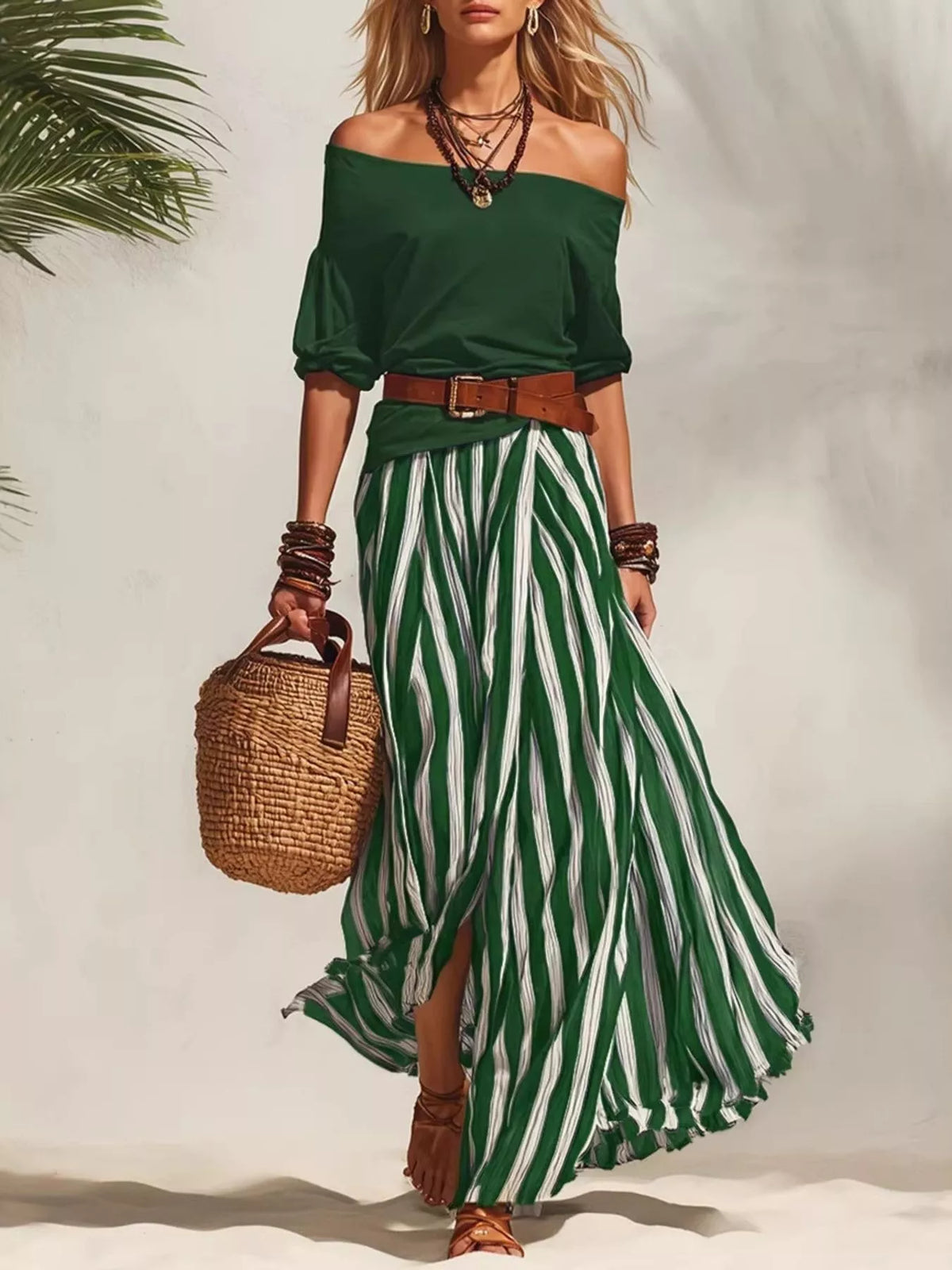 Off-shoulder top and maxi skirt set, Green