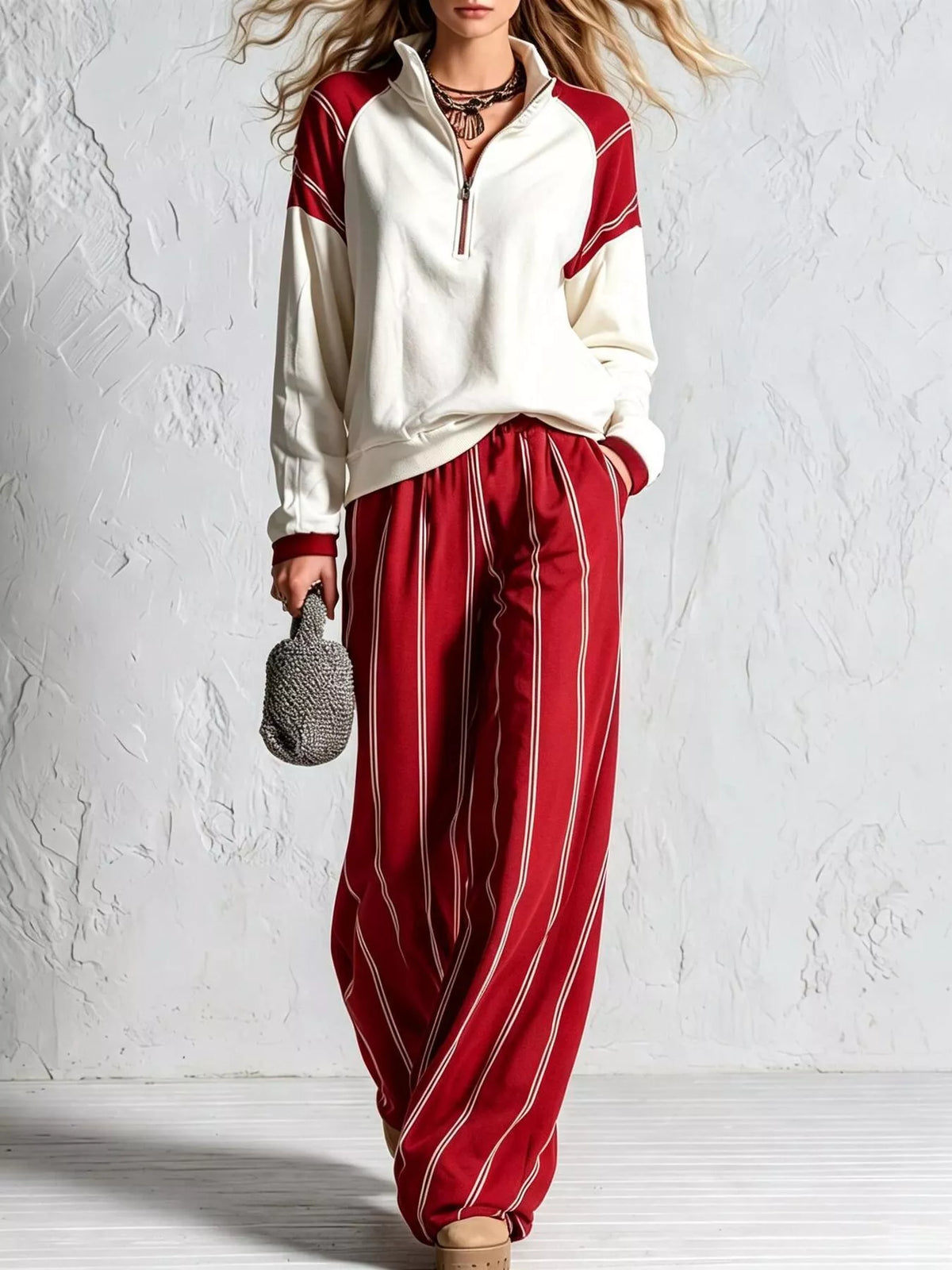 Quarter-zip and striped pants set – red