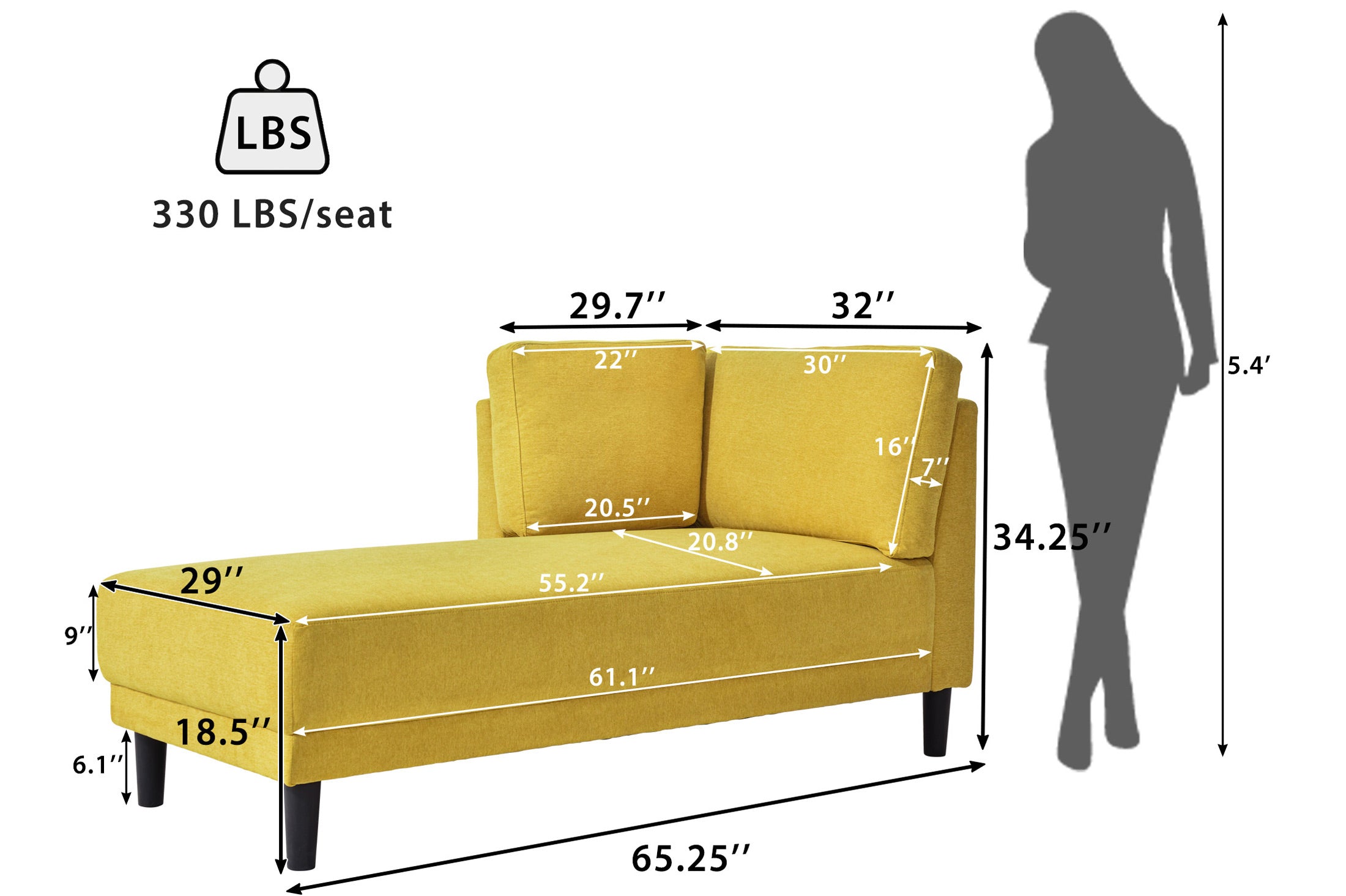 65" Mid-Century Modern Fabric Corner Lounge Chair Upholstered Indoor Chaise Lounge for Bedroom