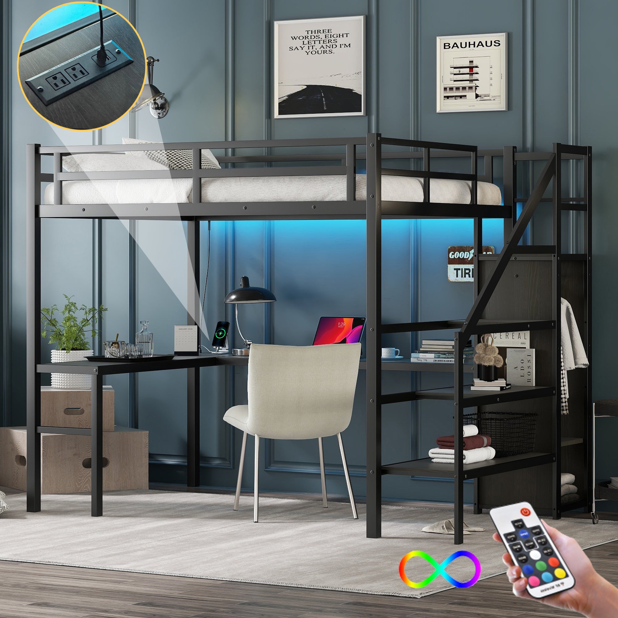 Full sized loft bed with L-shaped desk and USB, metal loft bed with wardrobe and adjustable shelf, black color