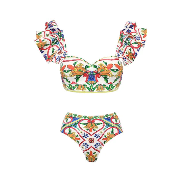 New Women's Lotus Edge Enamel Print Beach Vacation One Piece Swimwear Set