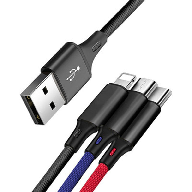 One to three data cable nylon braided three head fast charging mobile phone charging cable