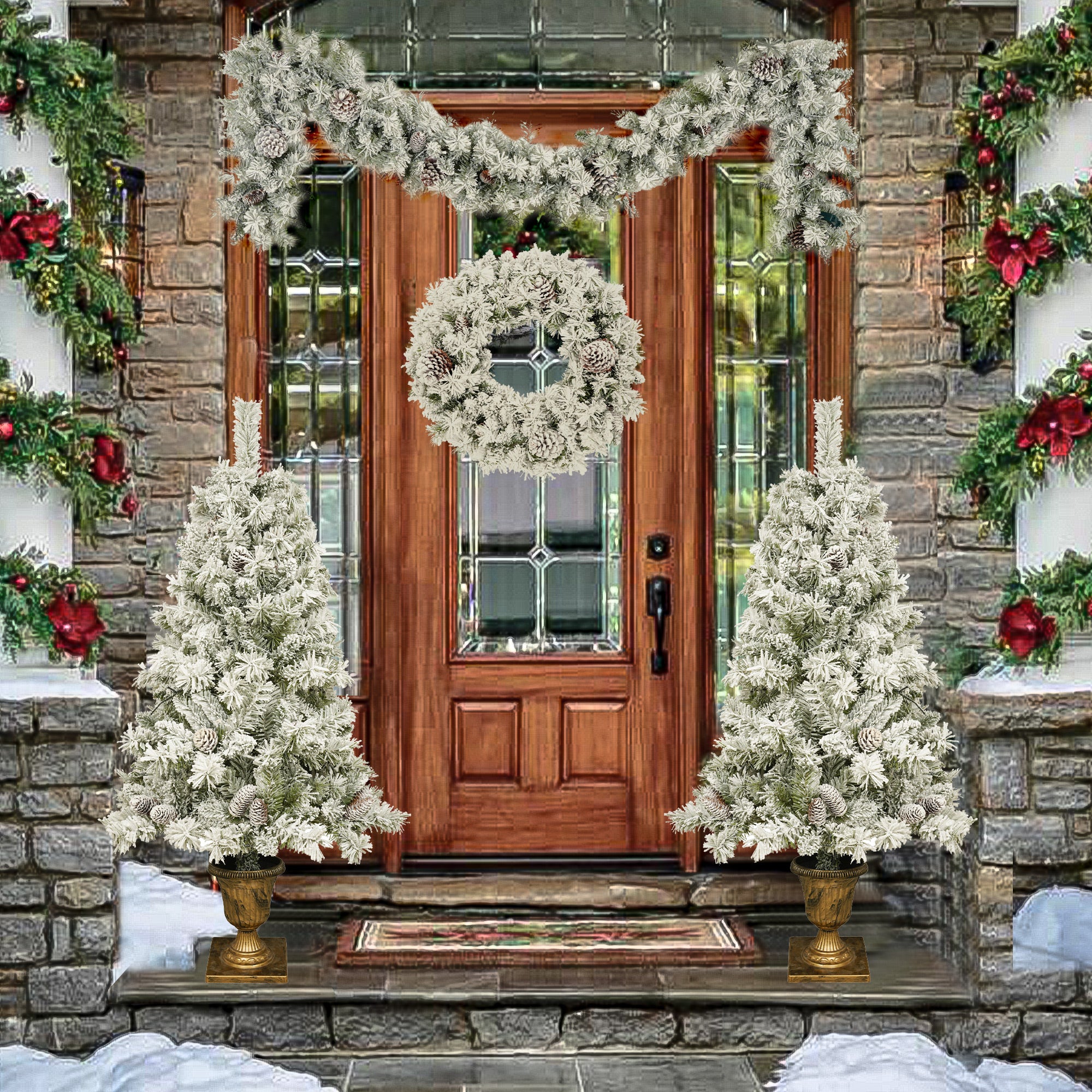 A set of 4 artificial Christmas trees, including flower garlands, flower garlands, and 2 entrance trees, with LED lights