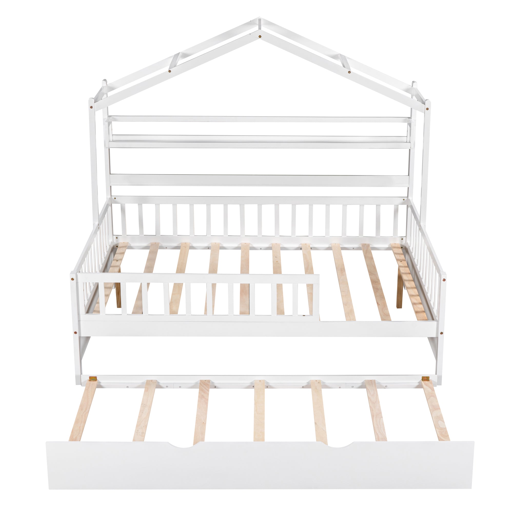 Wooden Full Size House Bed with Twin Size Trundle Kids Bed with Shelf White