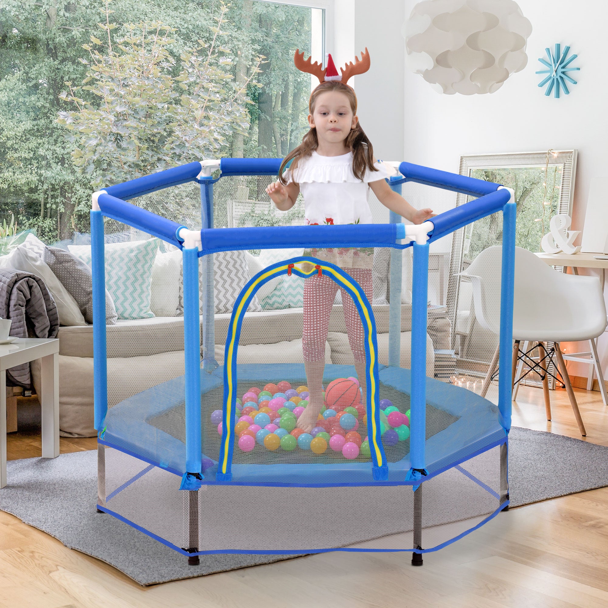 55'' Toddlers Trampoline with Safety Enclosure Net and Balls, Indoor Outdoor Mini Trampoline for Kids