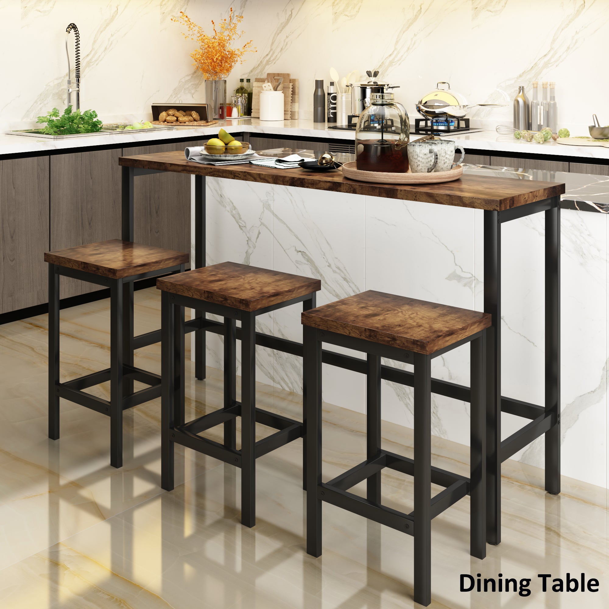 TOPMAX Counter Height Extra Long Dining Table Set with 3 Stools Pub Kitchen Set Side Table with Footrest Brown