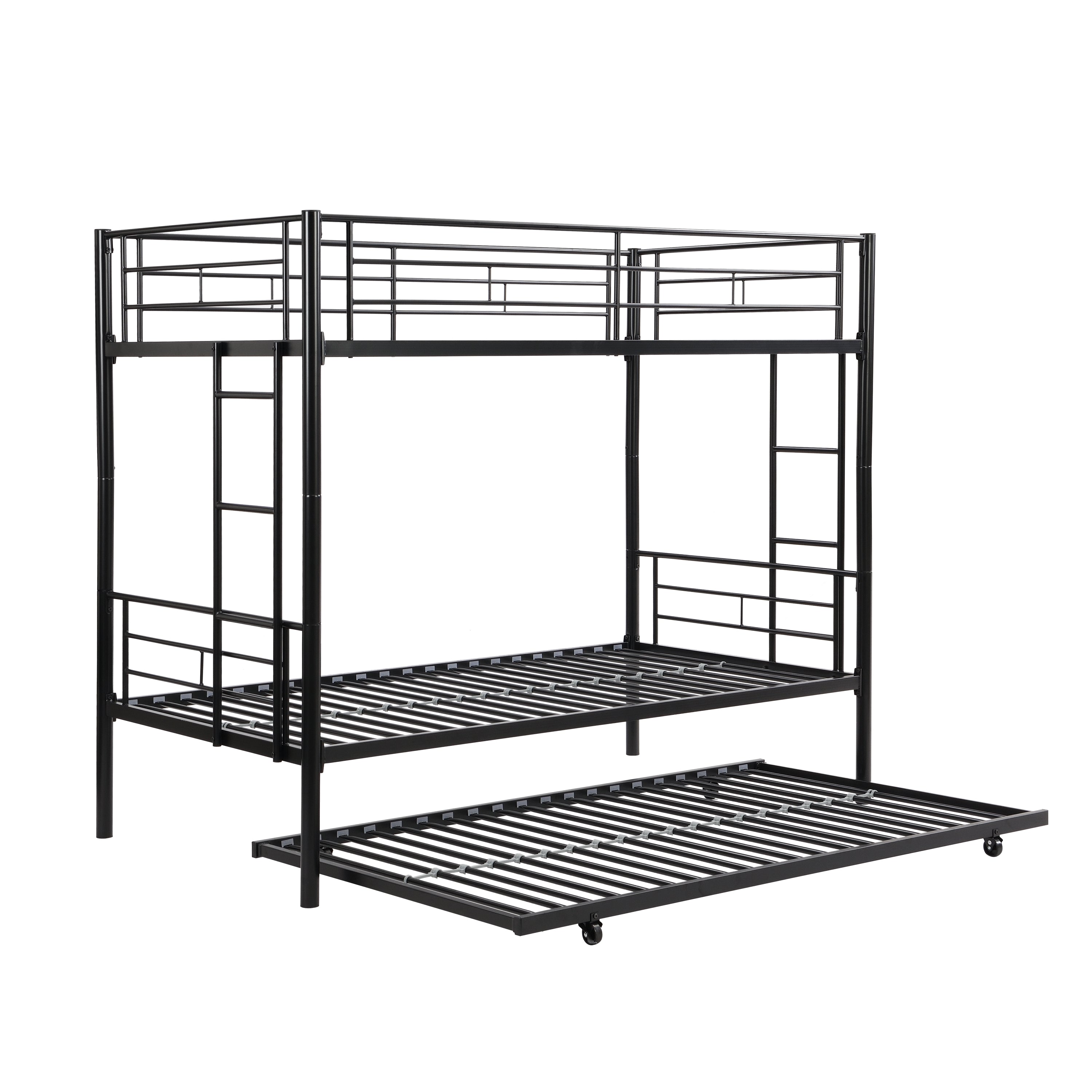 Twin bunk bed frame with trailer, metal bunk bed with sturdy guardrail and side ladder, can be divided into two beds, black