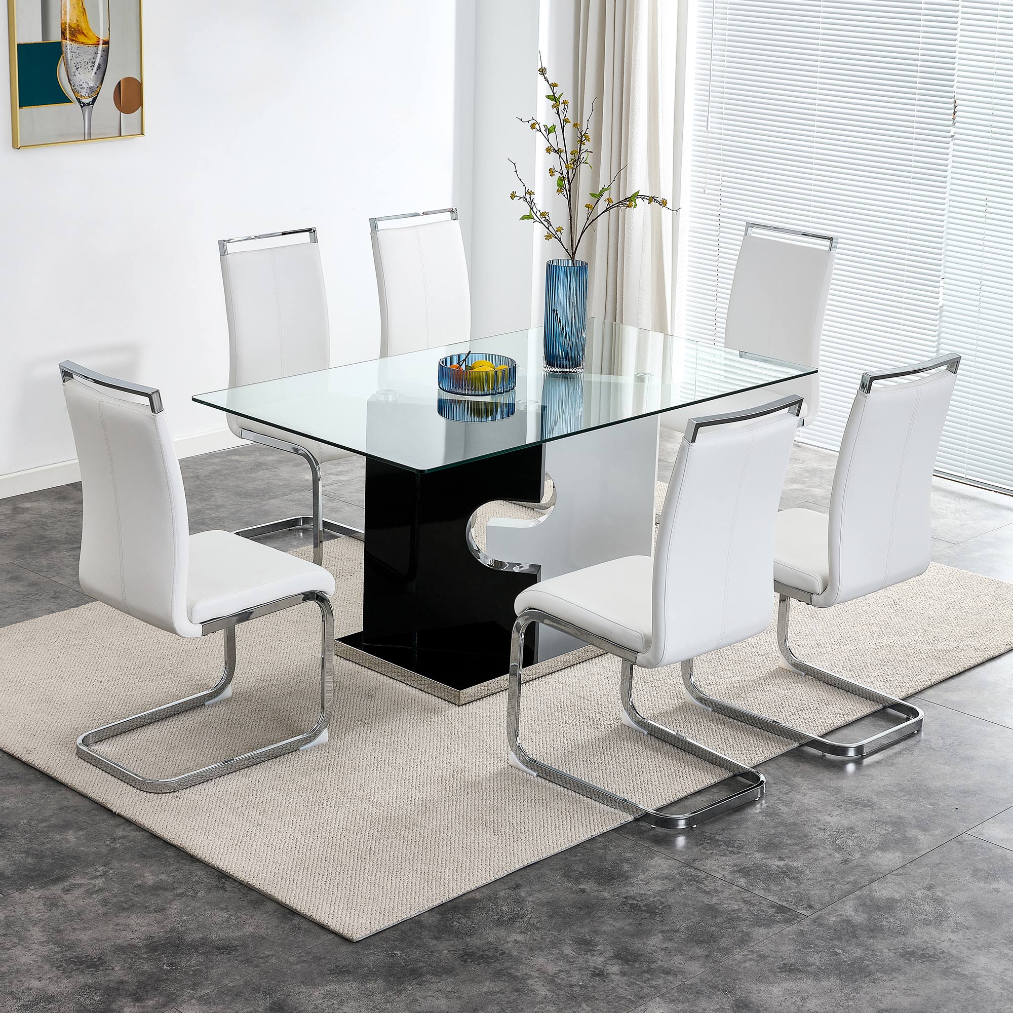 Large Modern Minimalist Rectangular Glass Dining Table for 6-8 with 0.39" Tempered Glass Tabletop