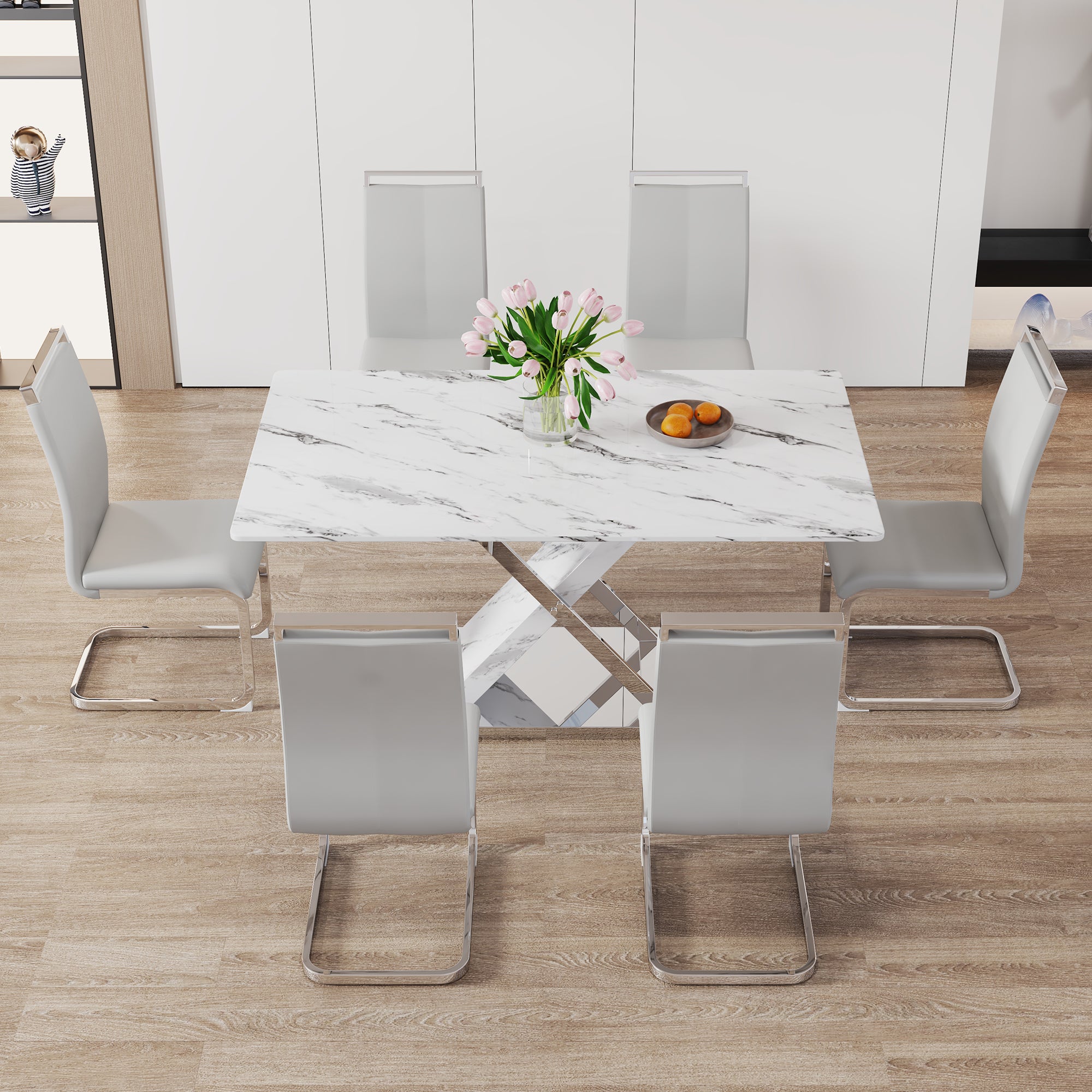 Modern white rectangular marble textured glass dining table and office desk Equipped with stainless steel base