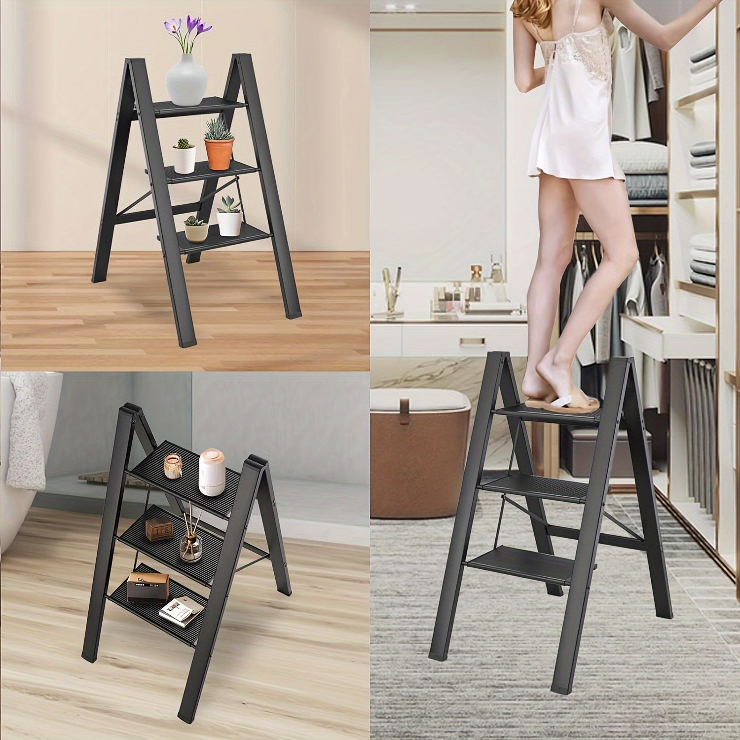 3 Step Ladder Aluminum Light Folding Step Bench Wide Non slip Pedal 300 lb Capacity Home Office Portable Ladder black