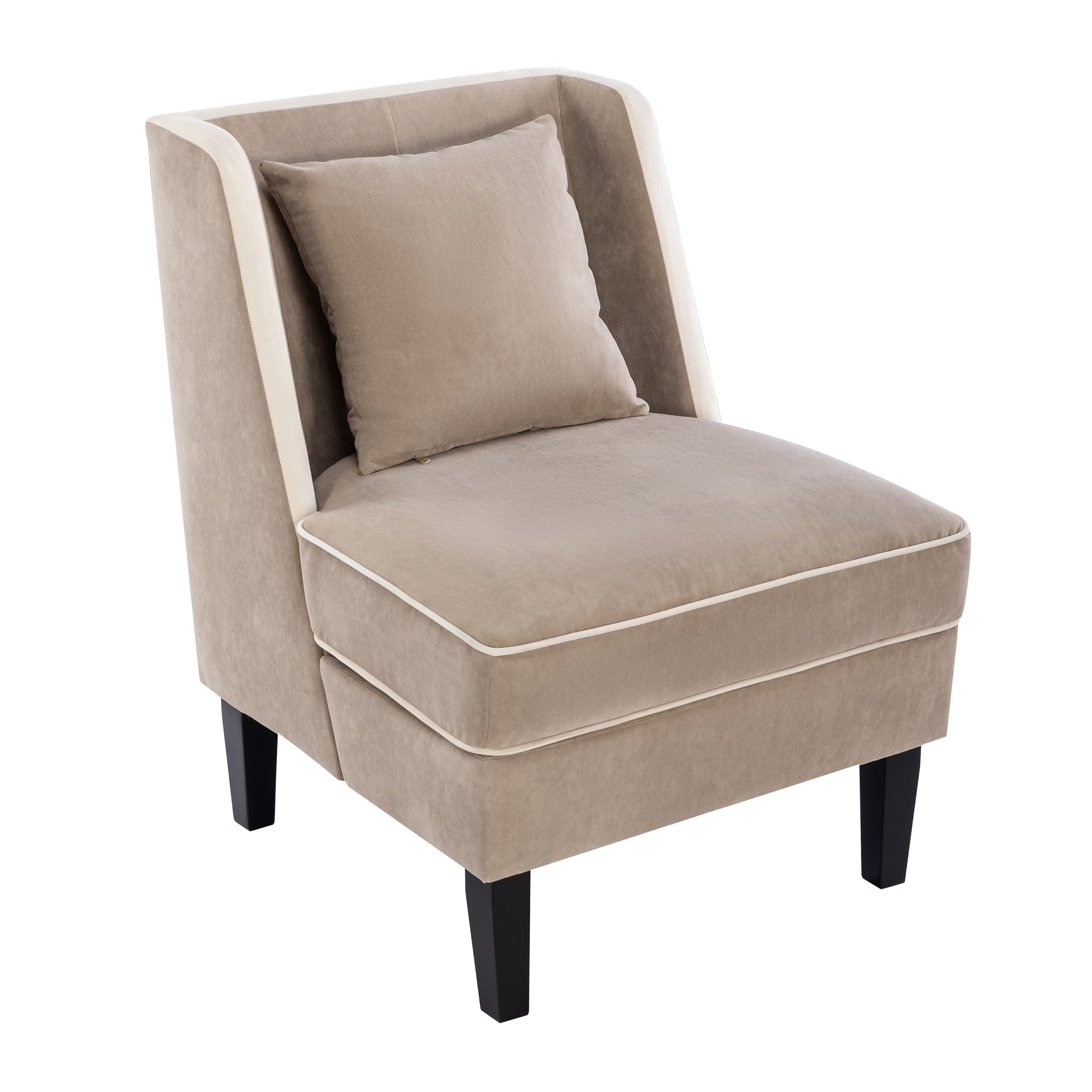 Velvet Upholstered Accent Chair with Cream Piping, Tan and Cream