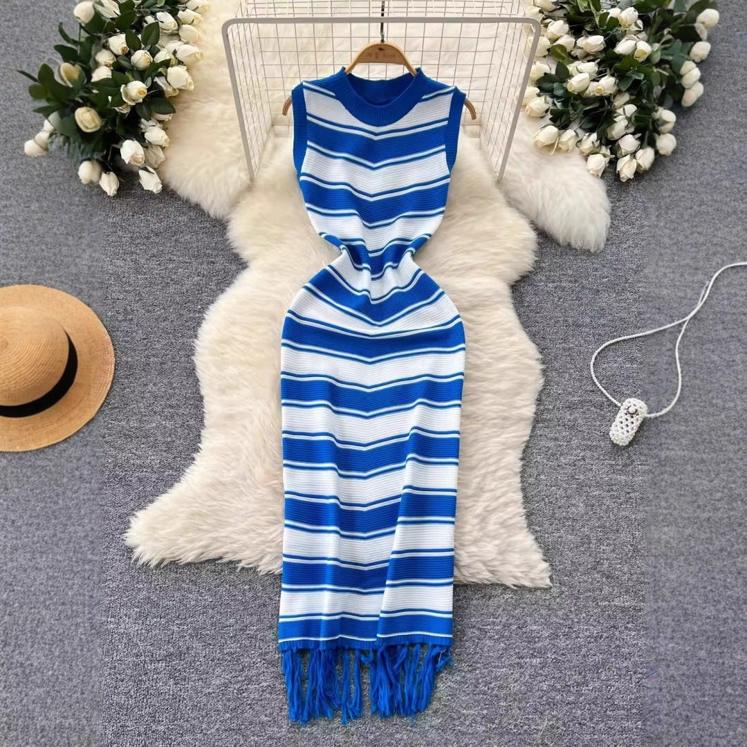 Women's high-end round neck new sleeveless striped knitted dress with unique base and hip hugging long skirt