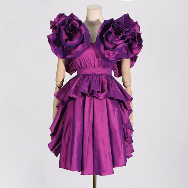 New Summer Women's Fashion Purple Ruffle Edge V-neck Sexy Ruffle Edge Satin Mini Dress Elegant Party Dress