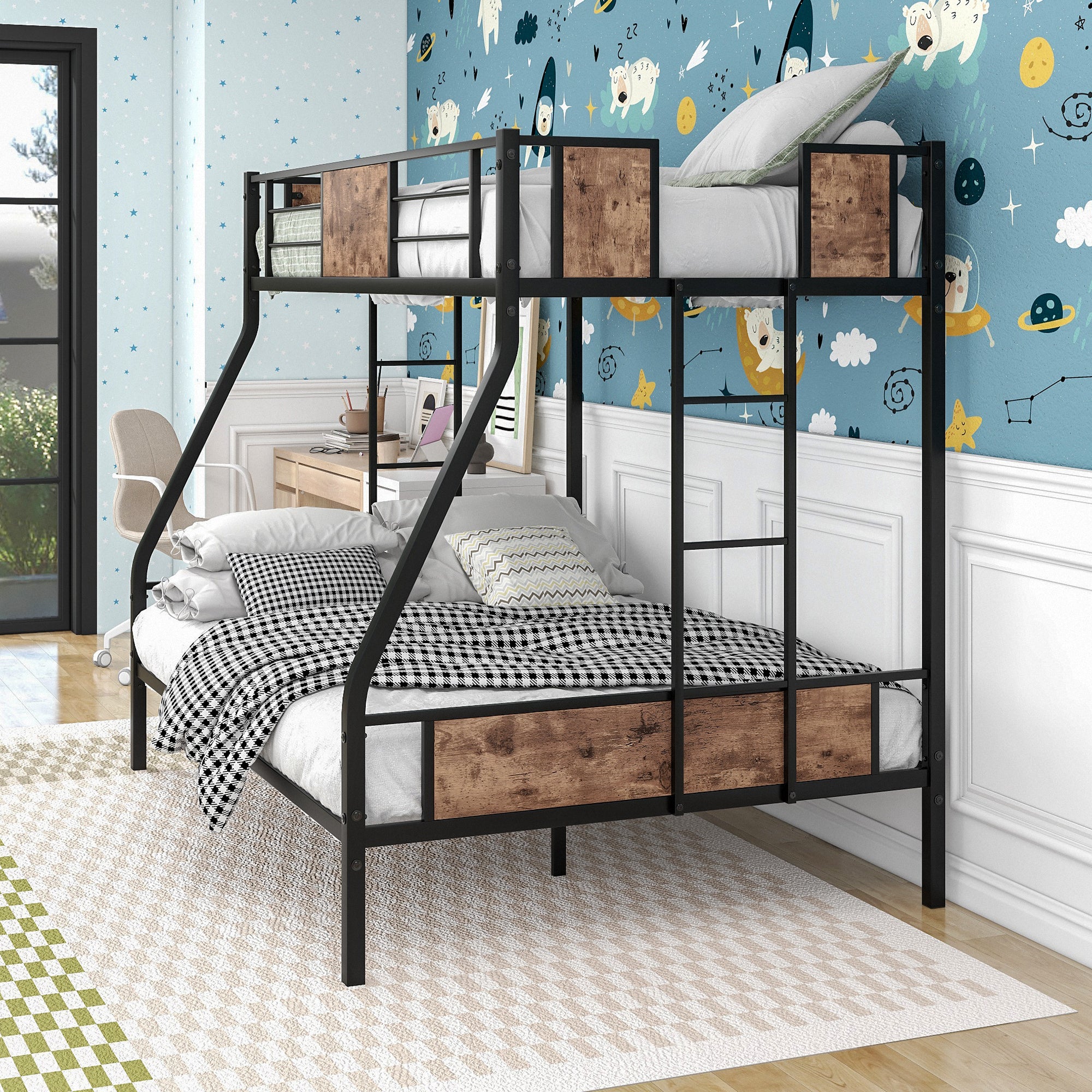 Twin Over Full Metal Bunk Bed Heavy Duty Metal Bed Frame with Safety Rail 2 Side Ladders & Decorative Wood