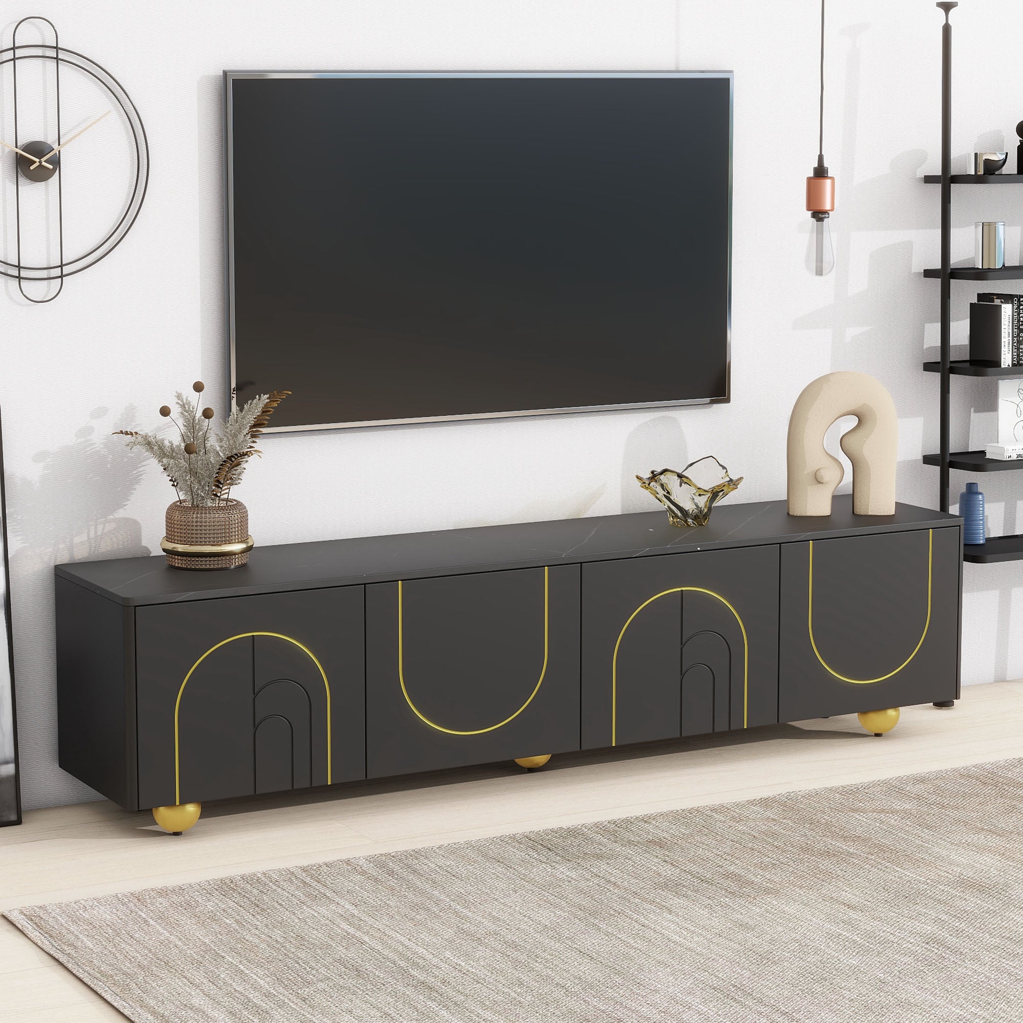 U-Can modern TV stand is suitable for TVs under 75 inches and comes with a storage cabinet top marble pattern and circular stand