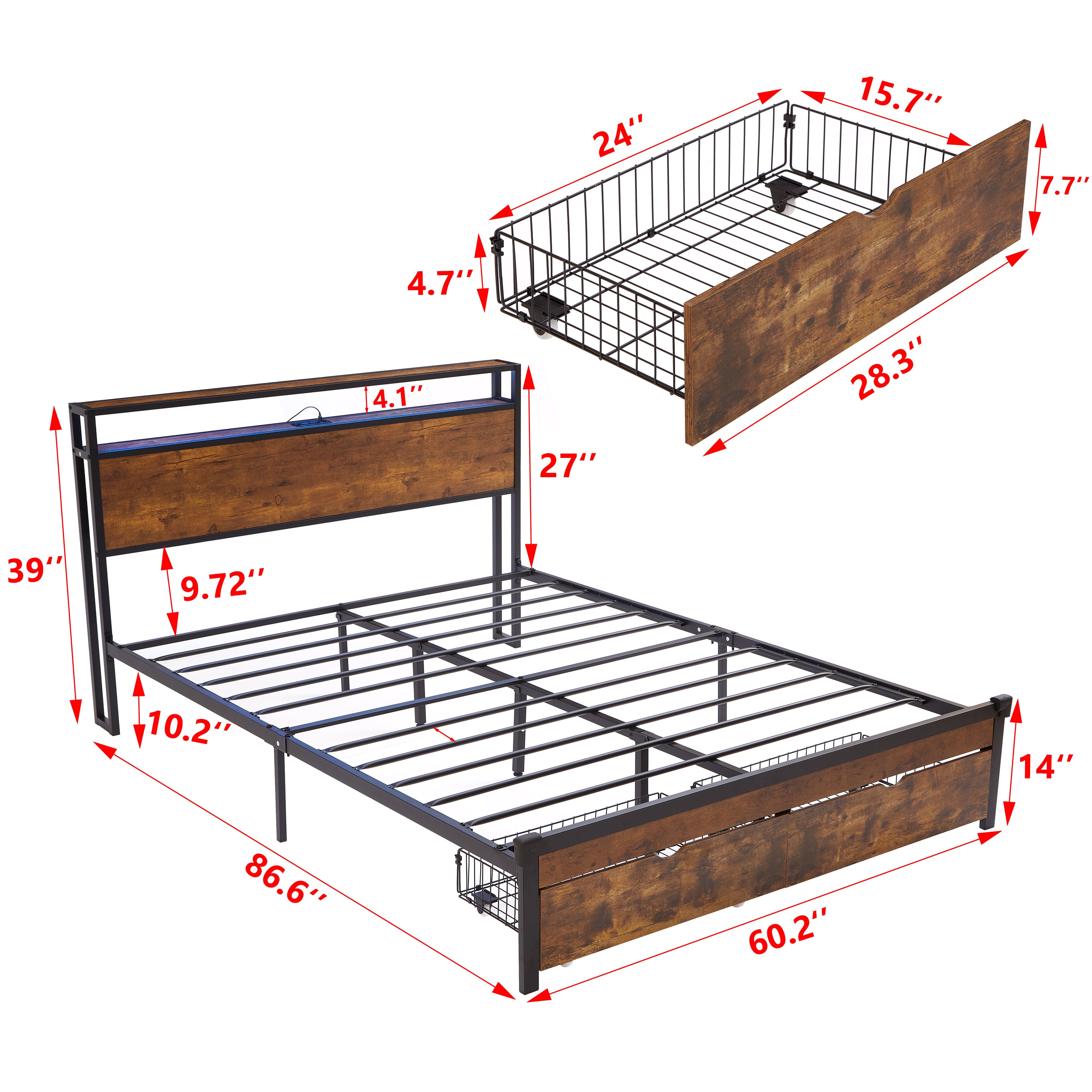 Large metal bed frame with wooden headboard and USB foot pedal, charging station, 2 drawers, LED lights, no need for box spring