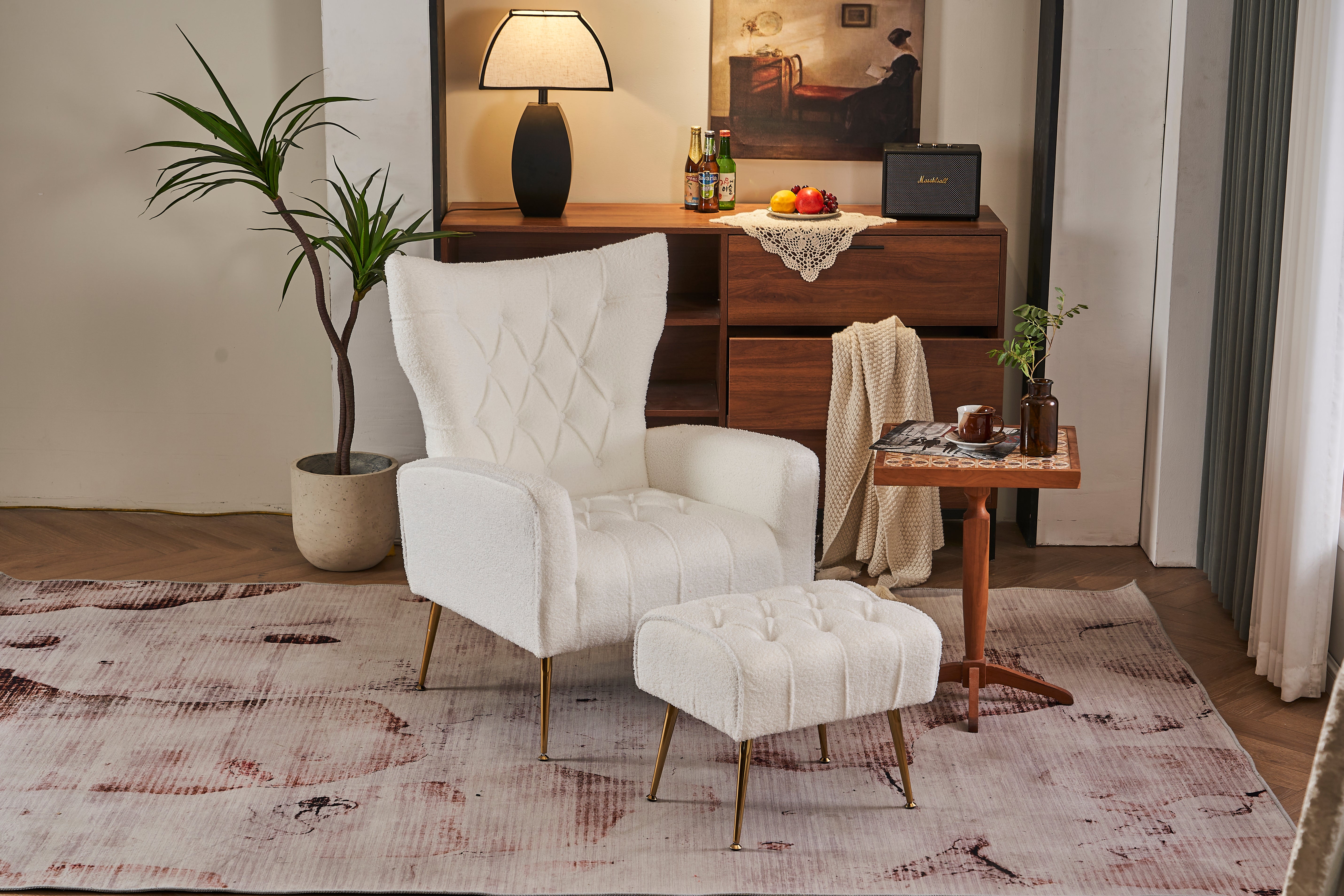 Modern Accent Chair with Ottoman Comfy Armchair for Living Room  Bedroom  Apartment  Office (White)