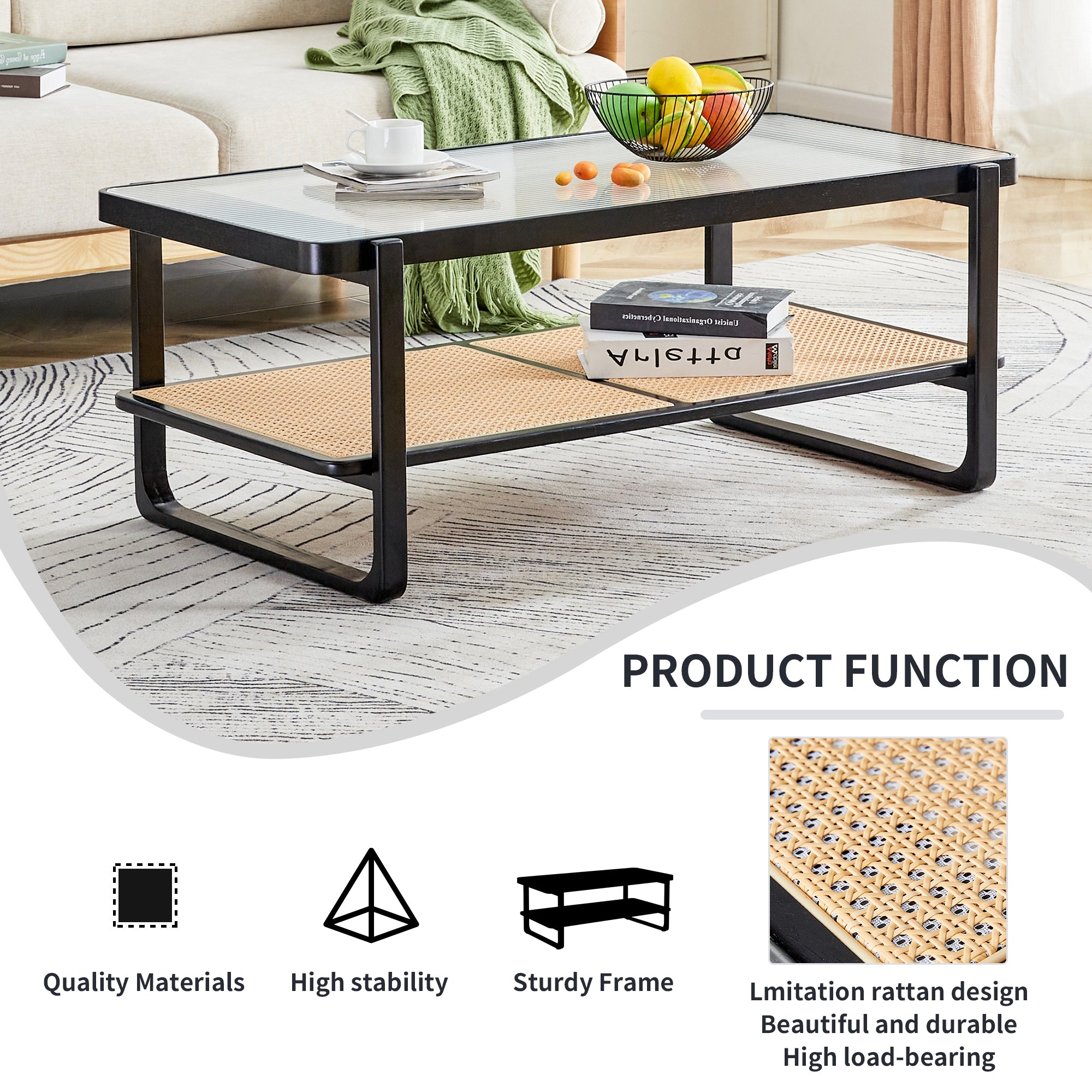 Modern minimalist rectangular double layer black solid wood imitation rattan coffee table