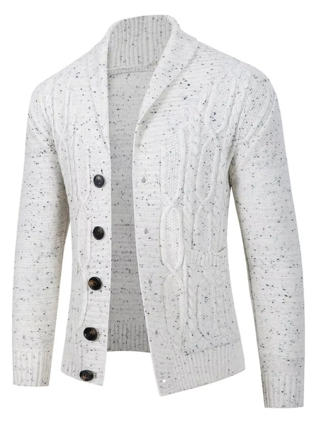 Speckled cable knit shawl collar cardigan, White