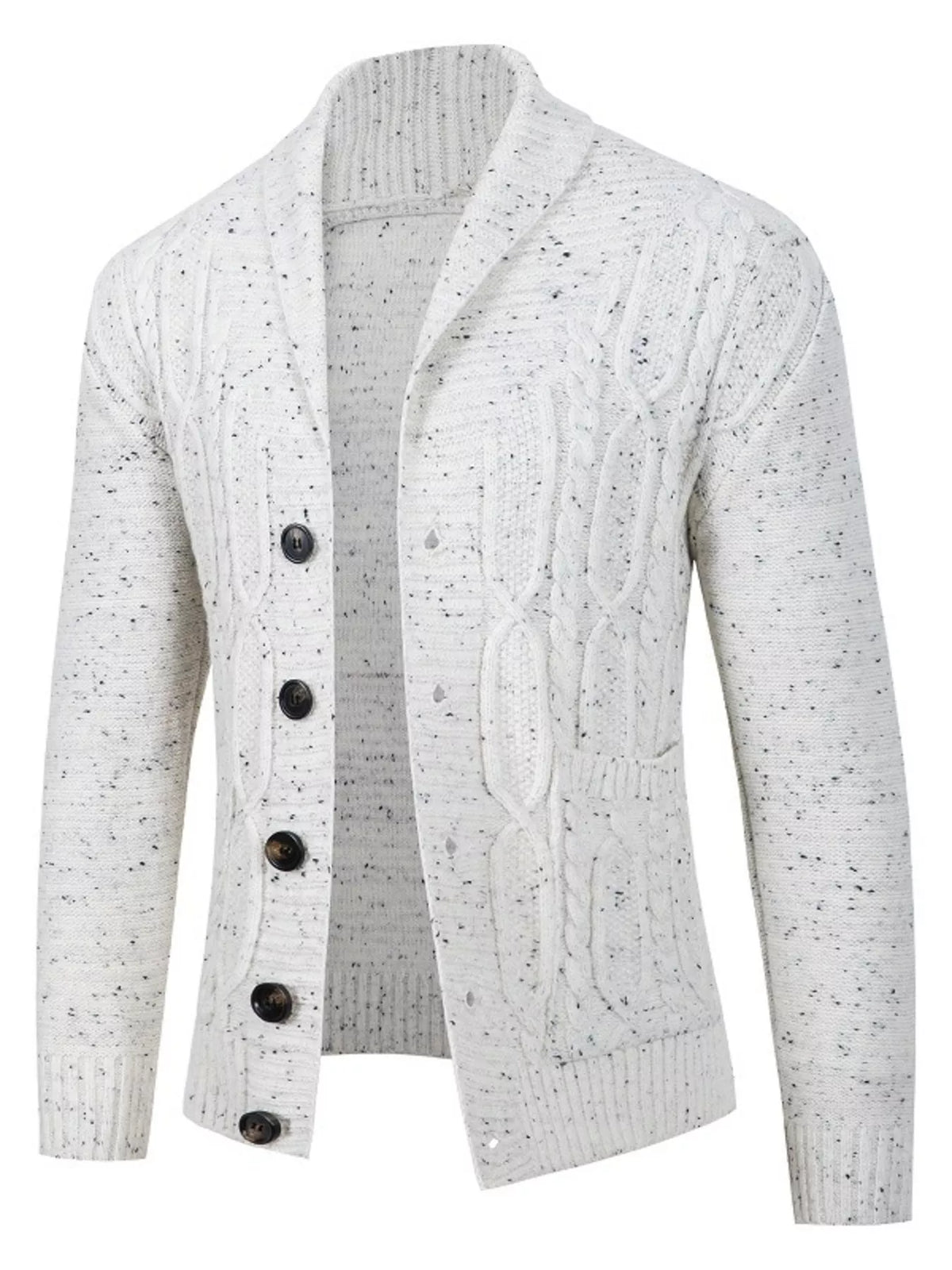 Speckled cable knit shawl collar cardigan, White
