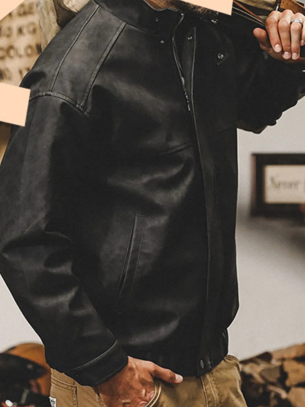 Zip up stand collar biker jacket