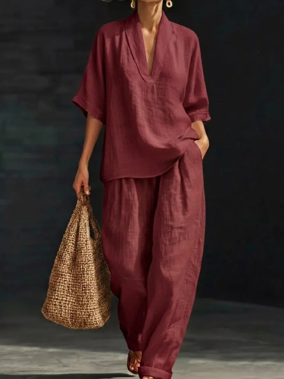 Half-sleeve wide-leg pants set – red