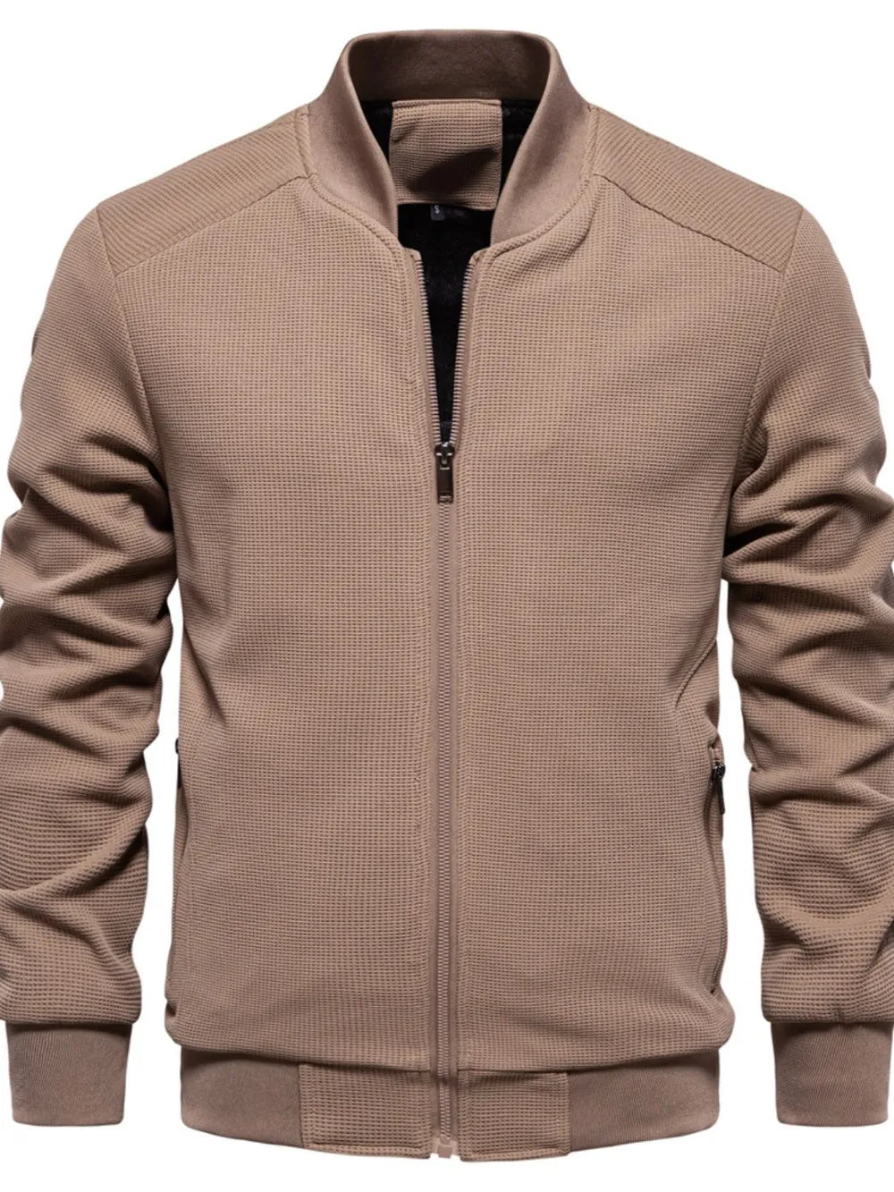Waffle knit baseball collar zip up jacket, Taupe