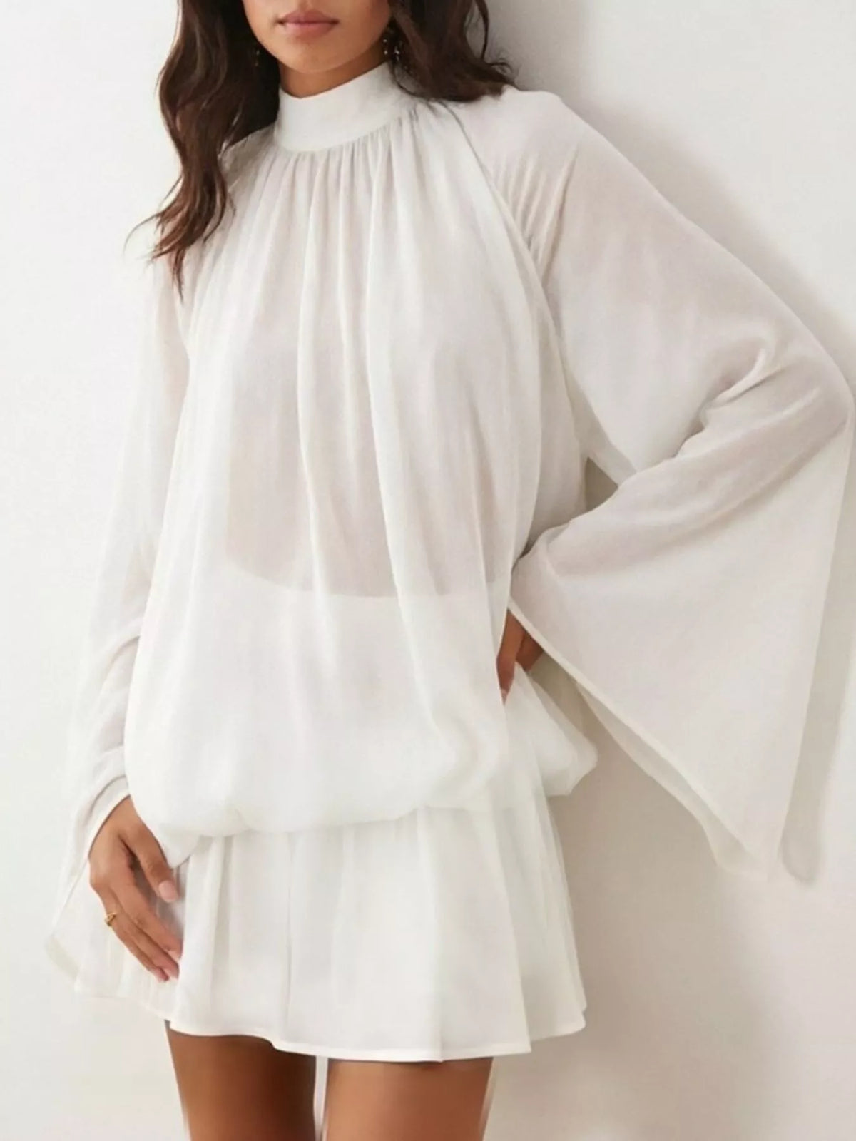 Tie-back flare-sleeve mini dress – white