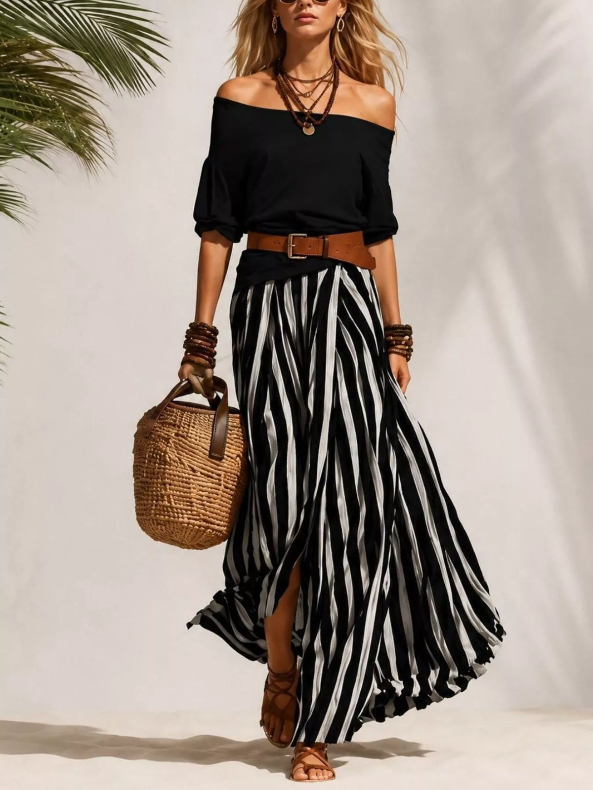 Off shoulder top and striped maxi skirt set with belt, Black