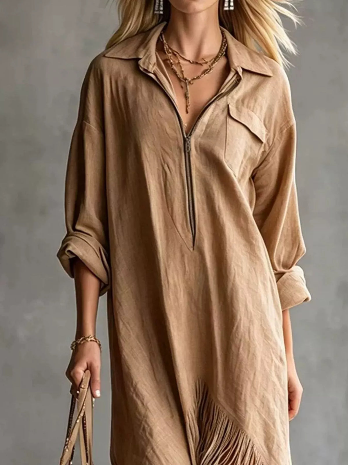 Fringe-hem zip shirt dress