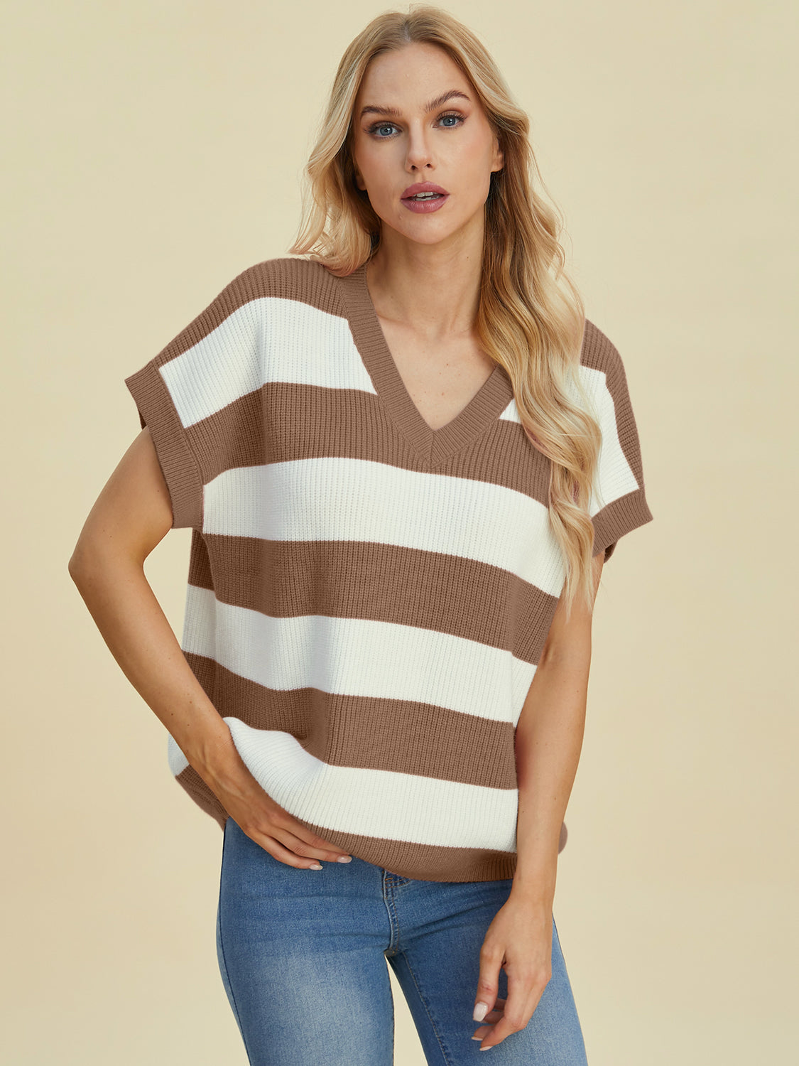 Striped V-neck short sleeve sweater