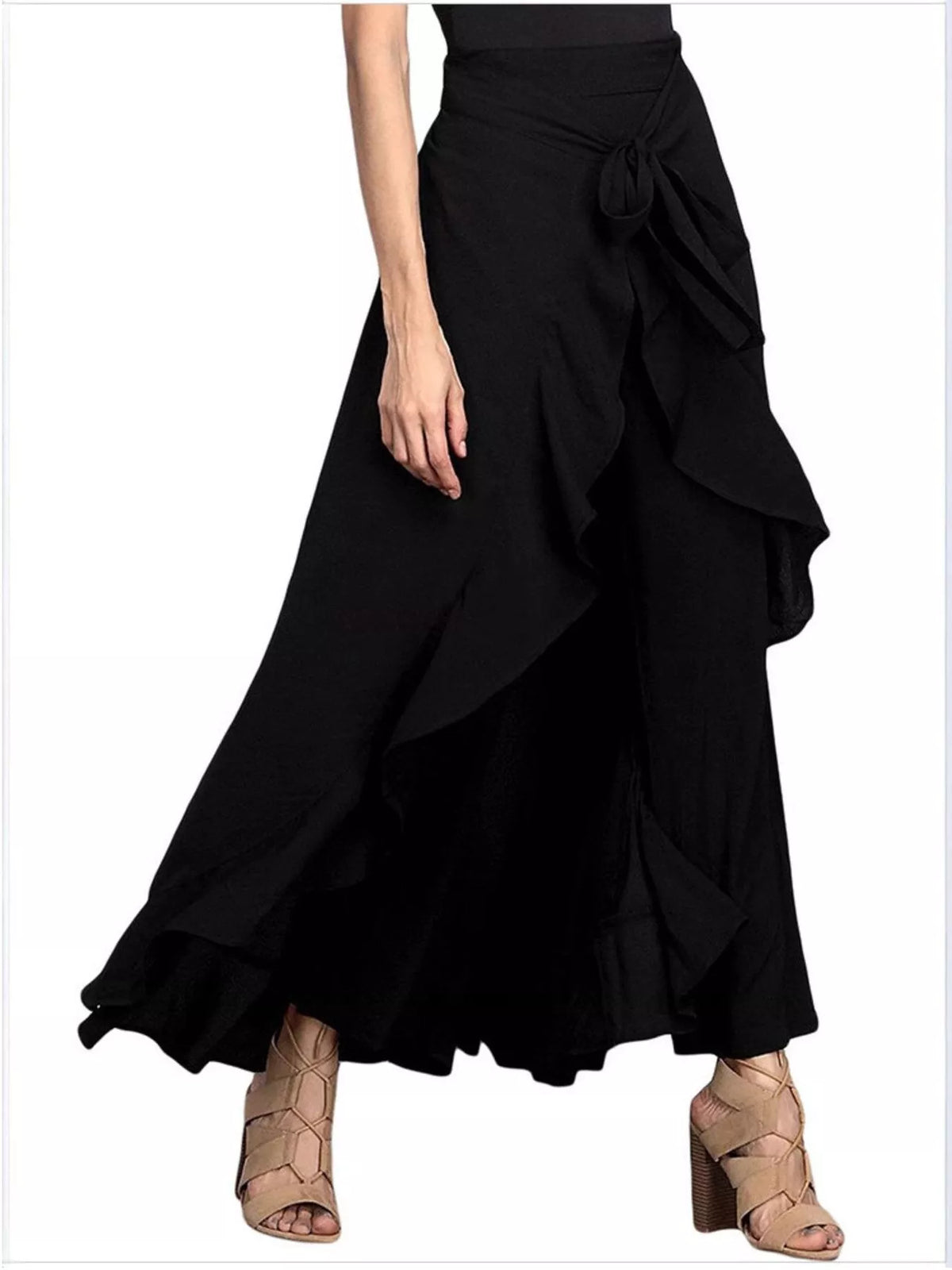 High-waisted tie-front ruffled wide-leg pants, Black