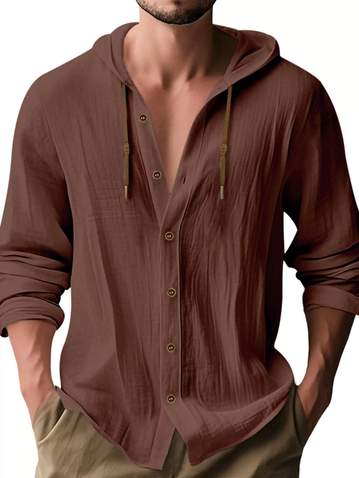 Hooded button shirt – brown