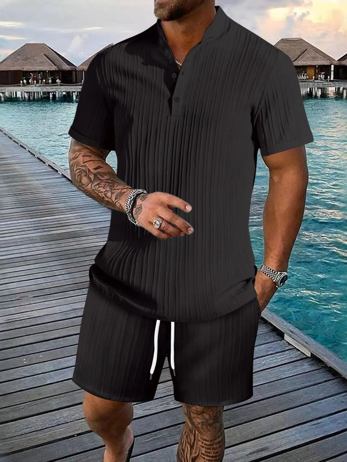 Button-trim top and shorts set – black