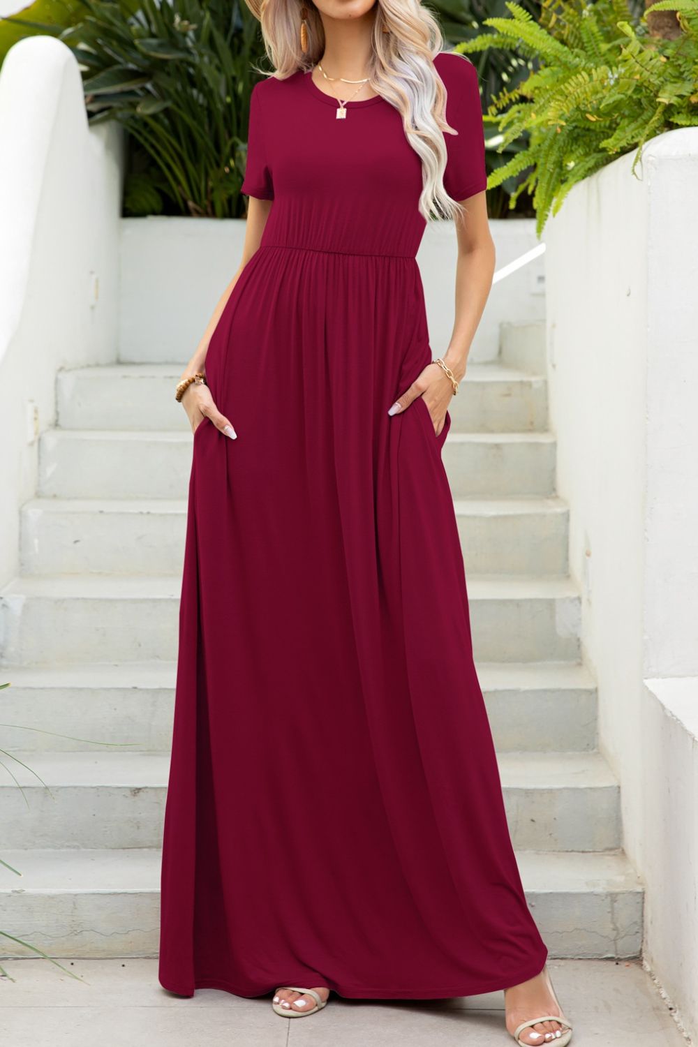 Maxi tee dress with pockets, Wine