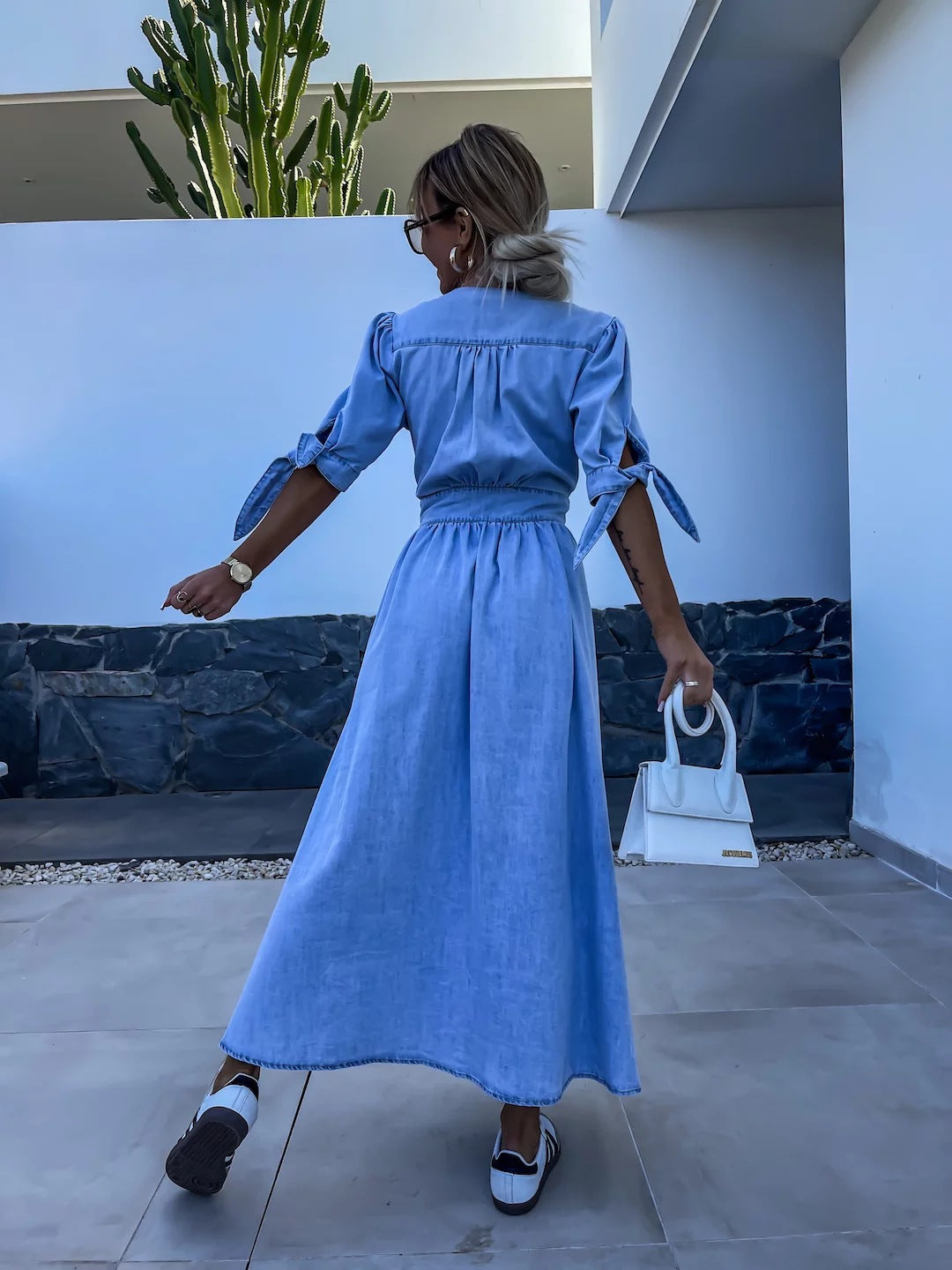 Button-front V-neck midi dress