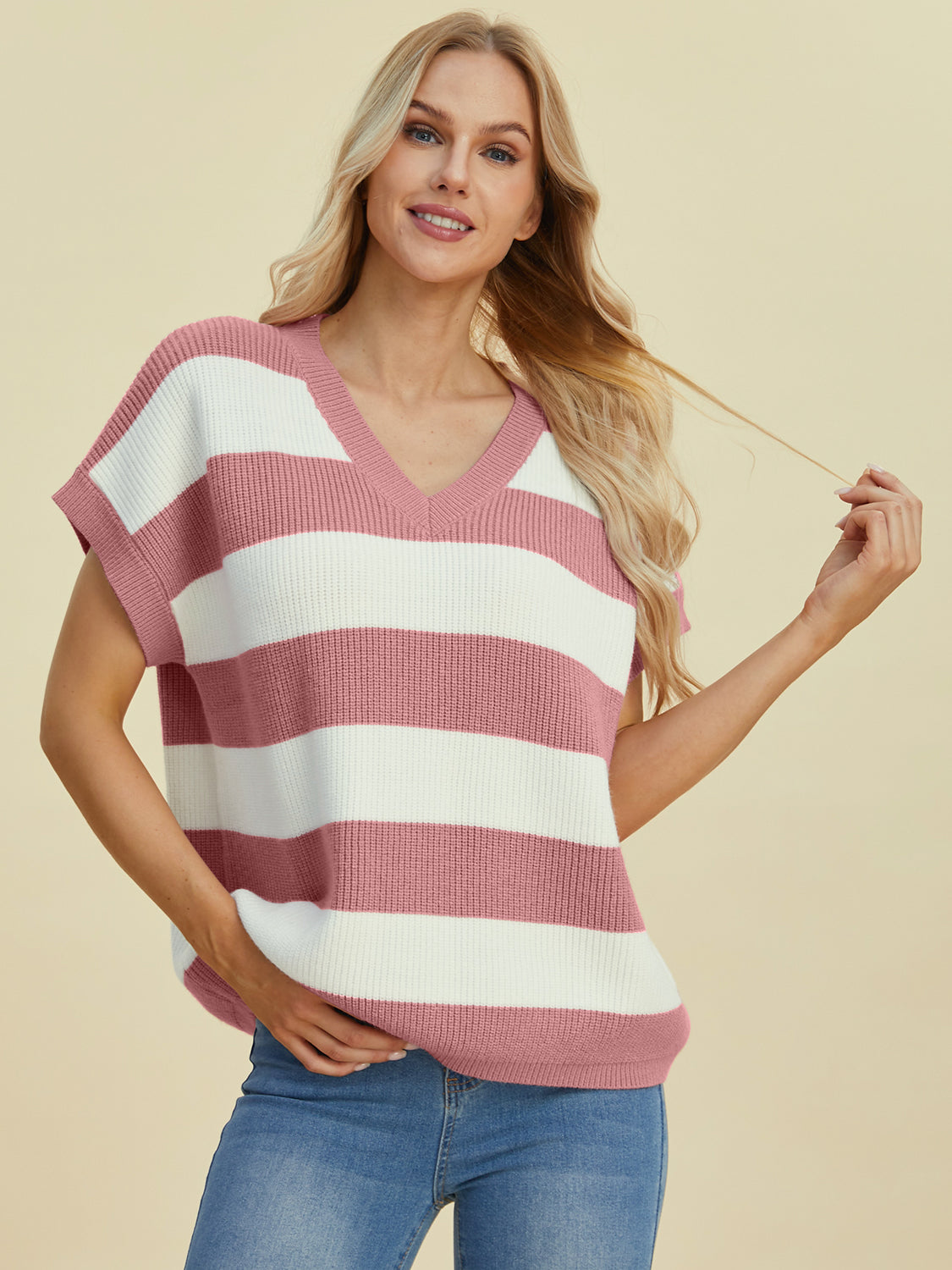 Striped V-neck short sleeve sweater