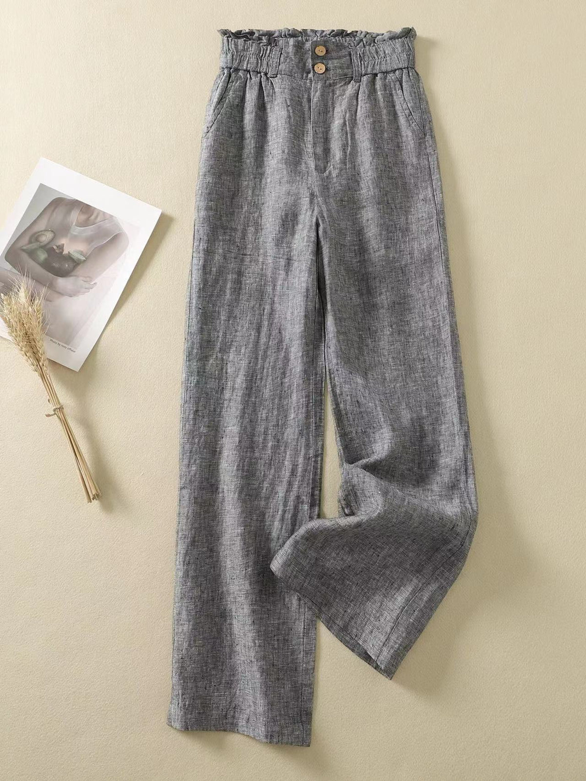 High-waist linen wide-leg trousers – grey