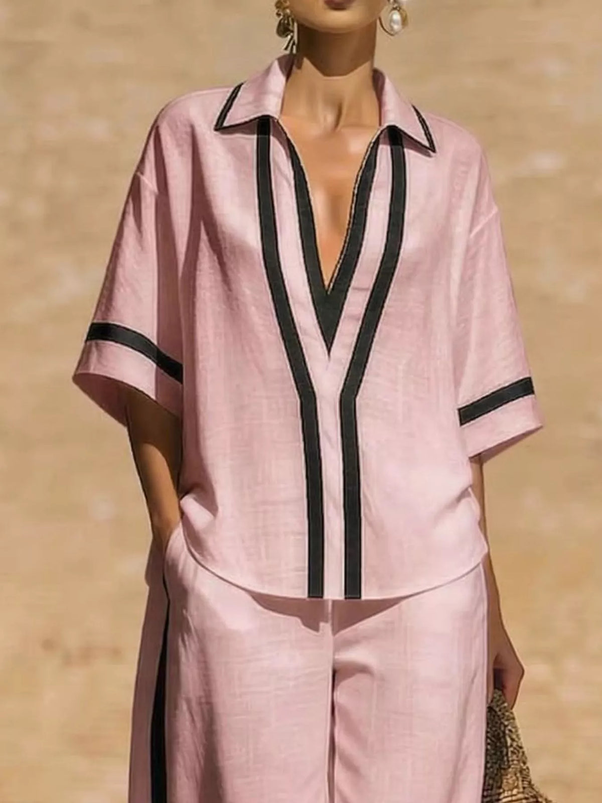 Contrast-trim top and pants set