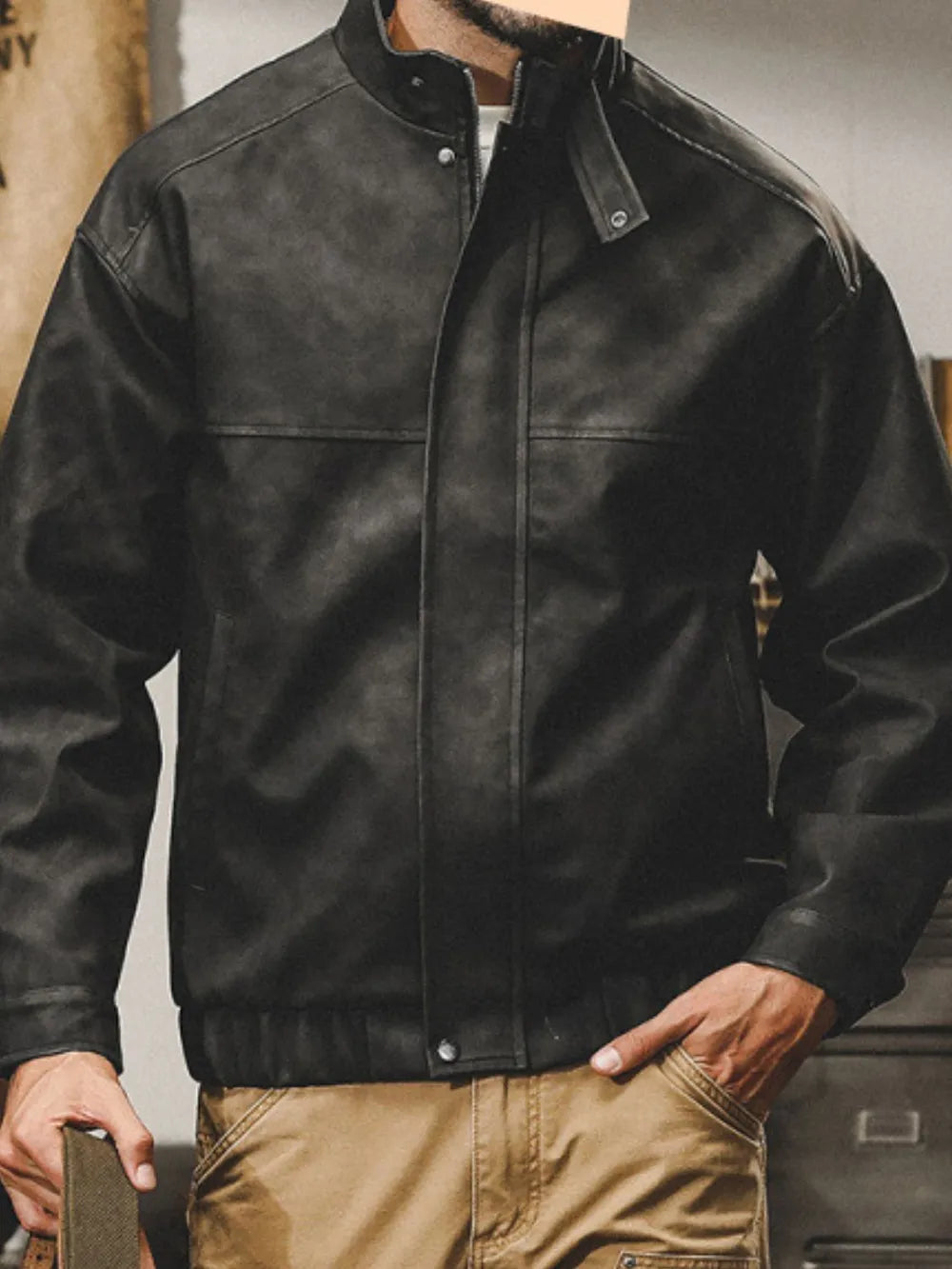 Zip up stand collar biker jacket