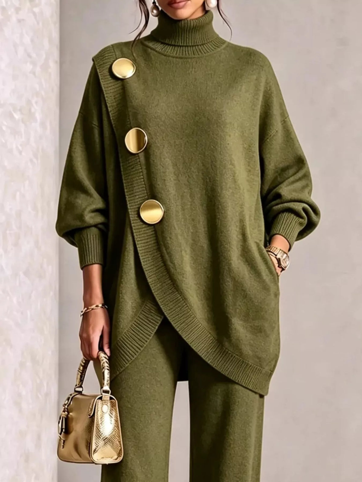 Gold button accent turtleneck sweater and pants set