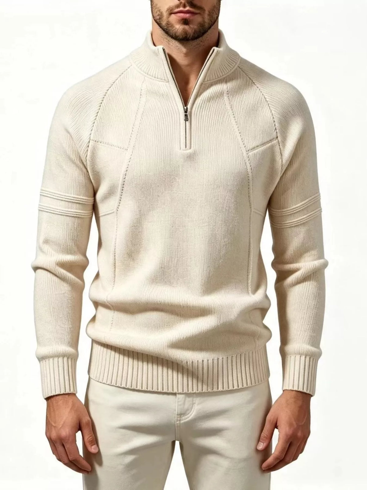 Ribbed quarter-zip sweater – beige