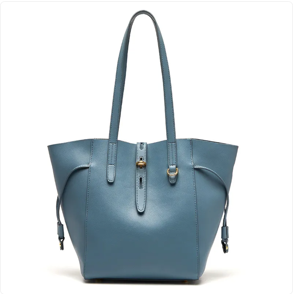 Side strap leather tote, Dusty blue, front