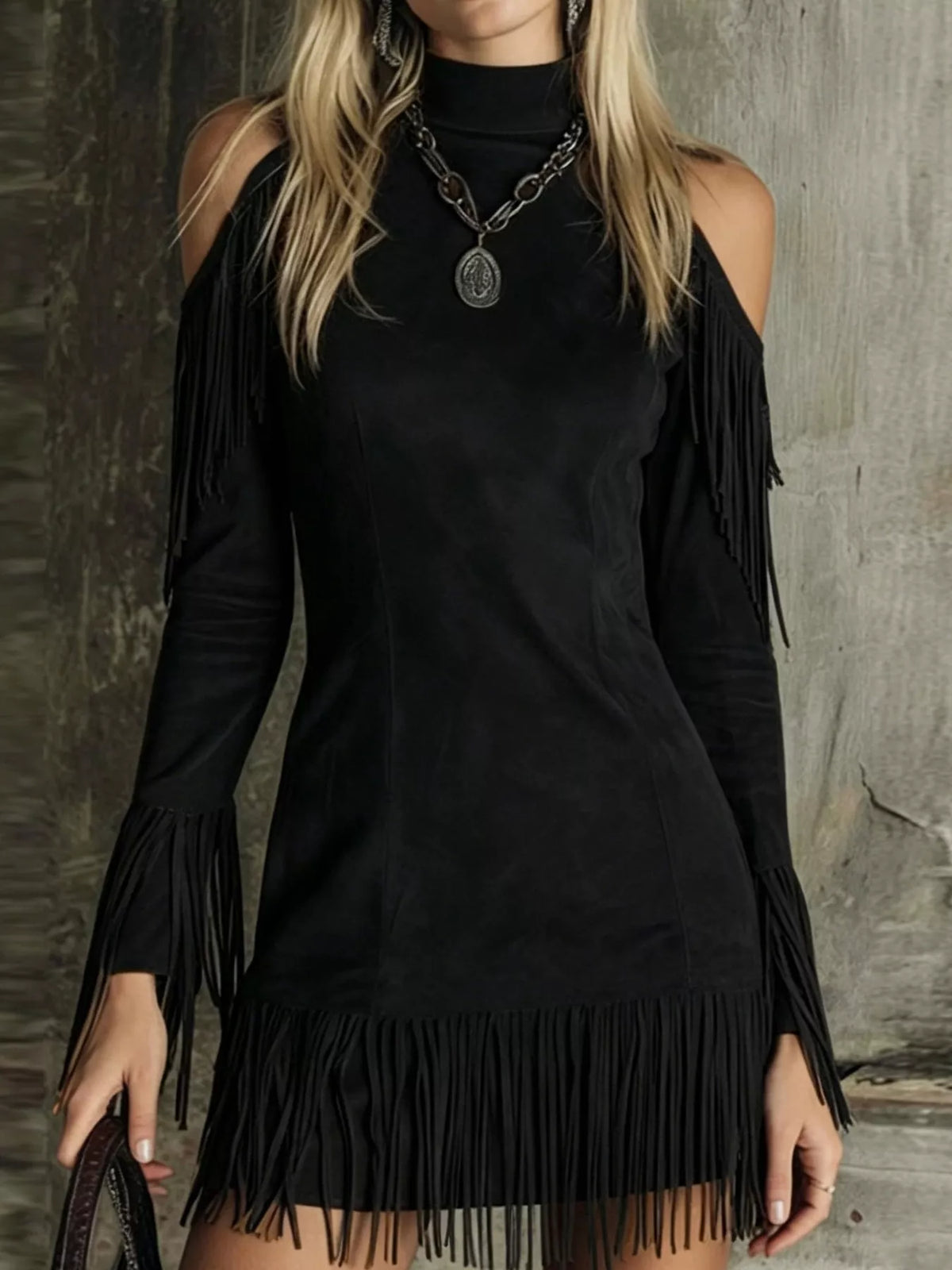Fringed cold-shoulder dress – black
