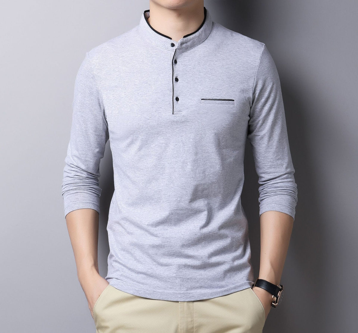 Band collar long sleeve henley, Gray, front