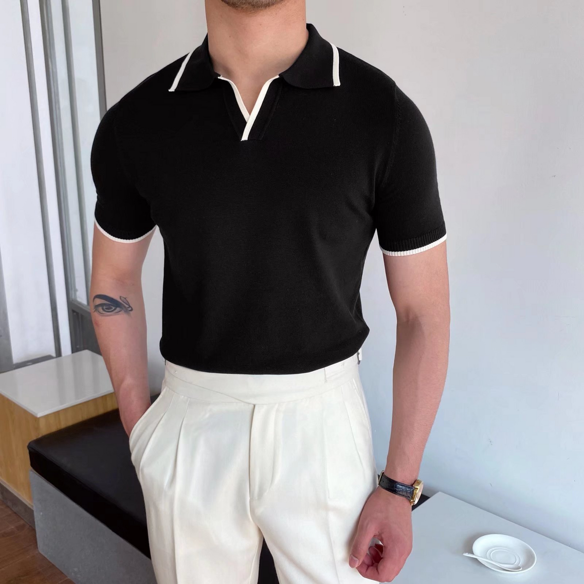 Tipped knit polo, Black, front